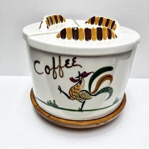 Vtg California Pottery Rooster Canister Set 3 pc Lazy Susan Sugar Coffee Read